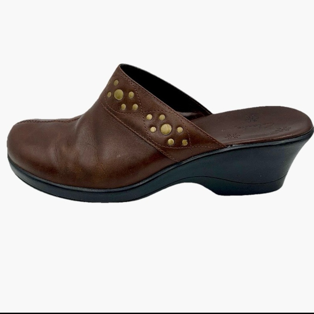 Clarks Studded Clogs Mules Brown Leather Comfort Women Sz 8 Made In Brazil Boho‎